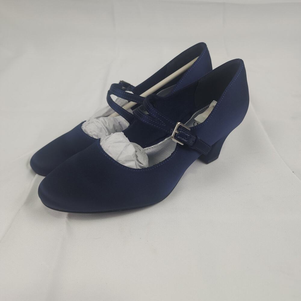 Easy Street Meryl Navy Satin Mary Jane Block Heel Pumps Women 7 M New